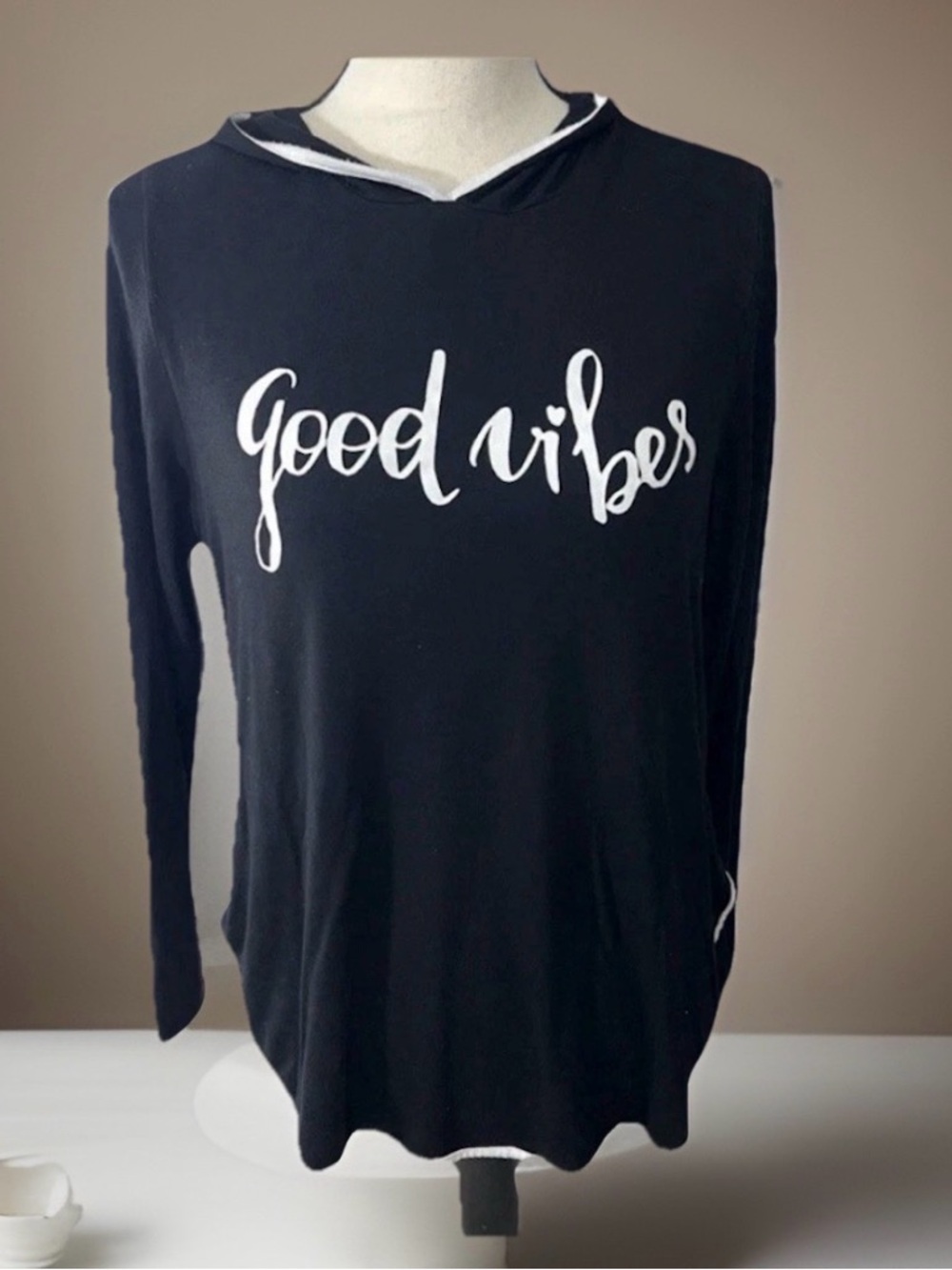 Womens Black Long Sleeve Hoodie Shirt size L Large Good Vibes White Lightweight